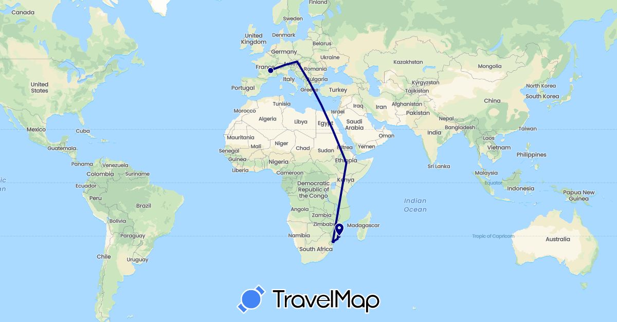 TravelMap itinerary: driving in Austria, Ethiopia, France, Mozambique (Africa, Europe)